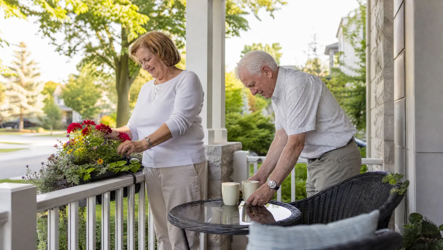 A Canadian senior couple on the front porch of their home on a summer morning — aging in place in Canada