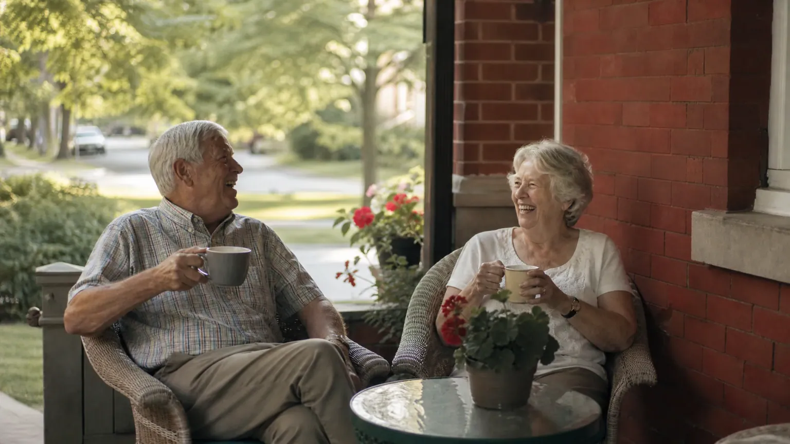 A relaxed senior couple sharing tea and a laugh on the front porch of their Ontario home