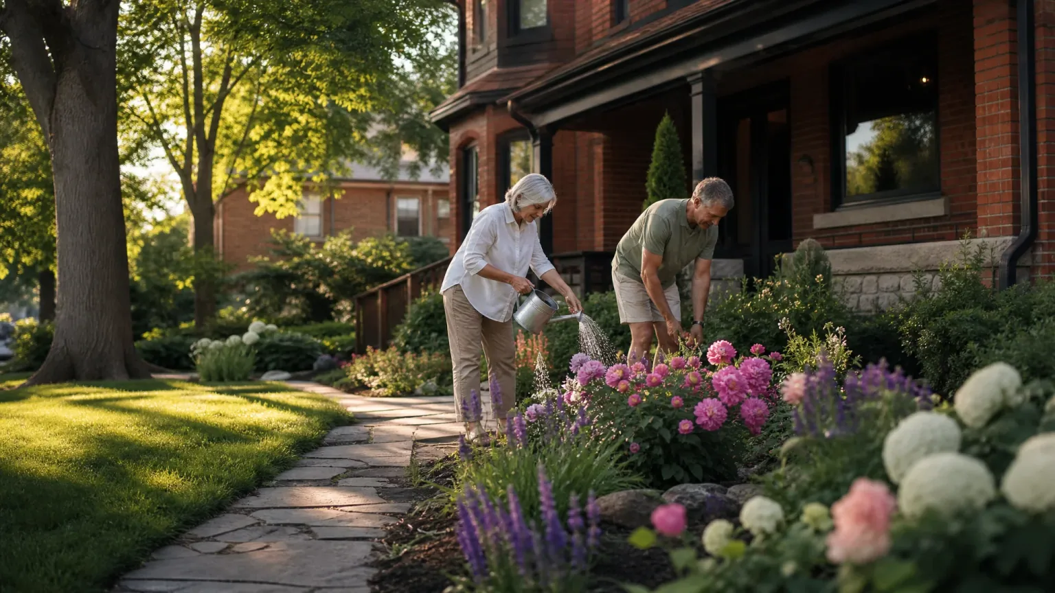 A brick Ontario home with a blooming front garden in warm evening light — Bloom reverse mortgage review
