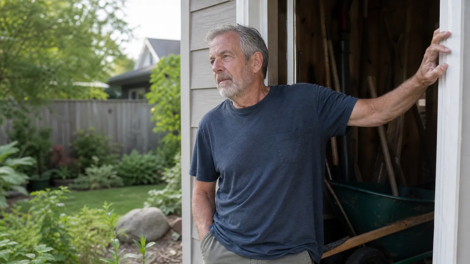 A man in his late sixties stands in his open garage doorway on a summer morning