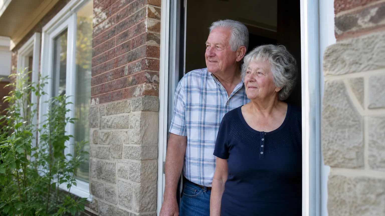 An older couple standing in the doorway of a modest home in warm daylight — buying a house with a reverse mortgage in Canada