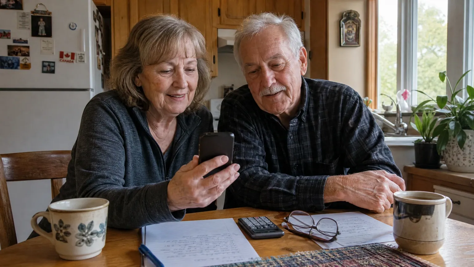 A senior couple at their kitchen table looking at a phone together, with handwritten notes and a pocket calculator beside them — CHIP reverse mortgage calculator