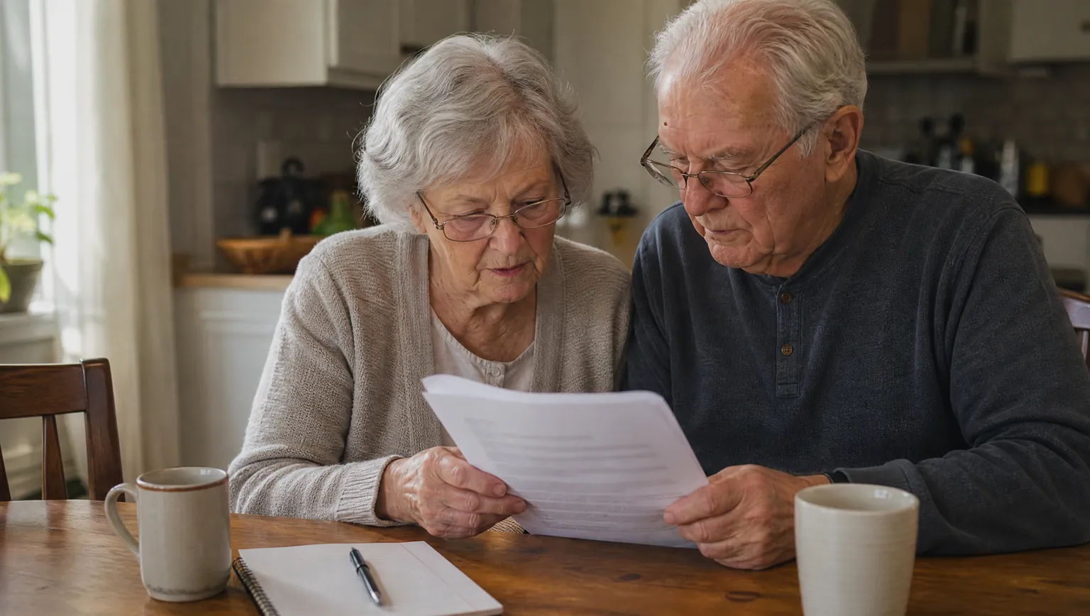 A senior couple at their kitchen table reading a printed mortgage document together through reading glasses