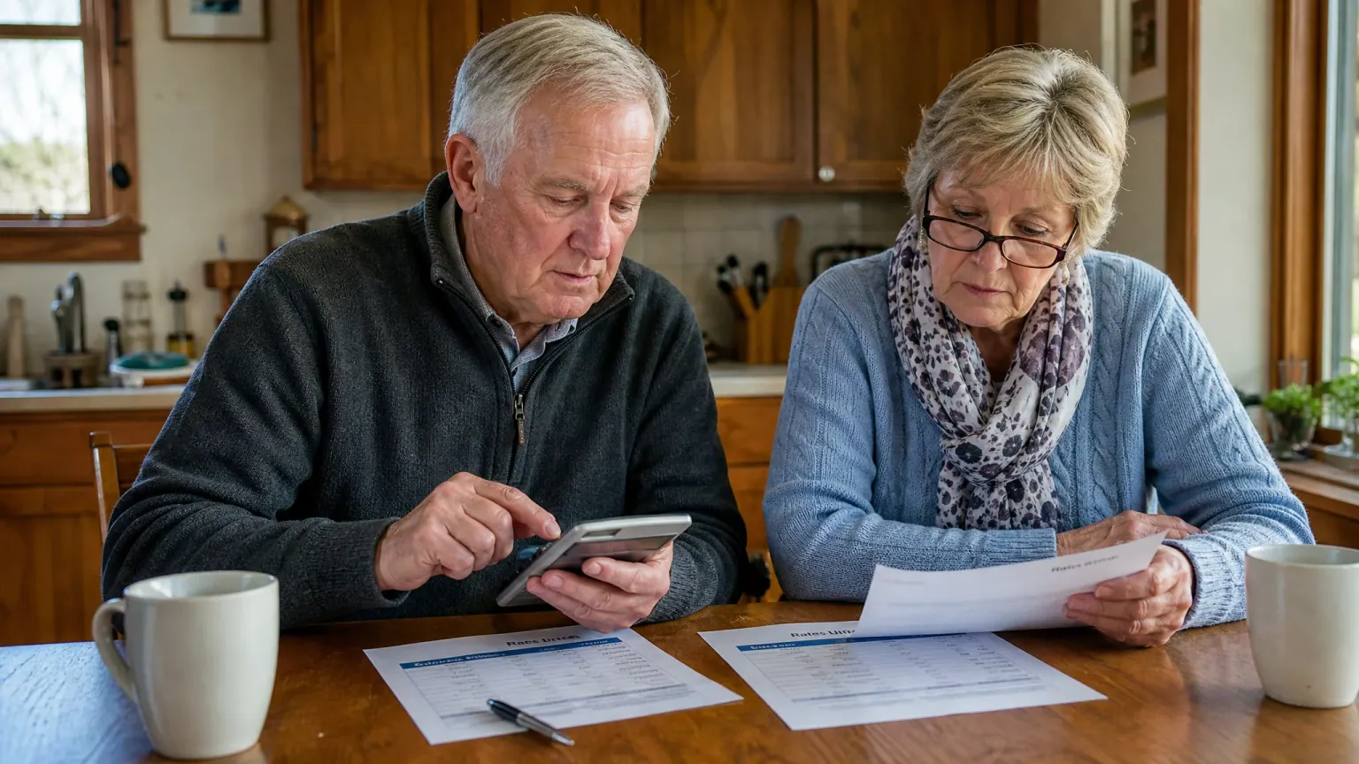 A senior couple at their kitchen table comparing printed rate sheets with a calculator and coffee — CHIP reverse mortgage rates