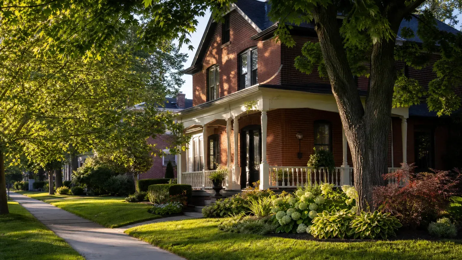 A red-brick Ontario family home with mature trees in morning light — CHIP Reverse Mortgage review