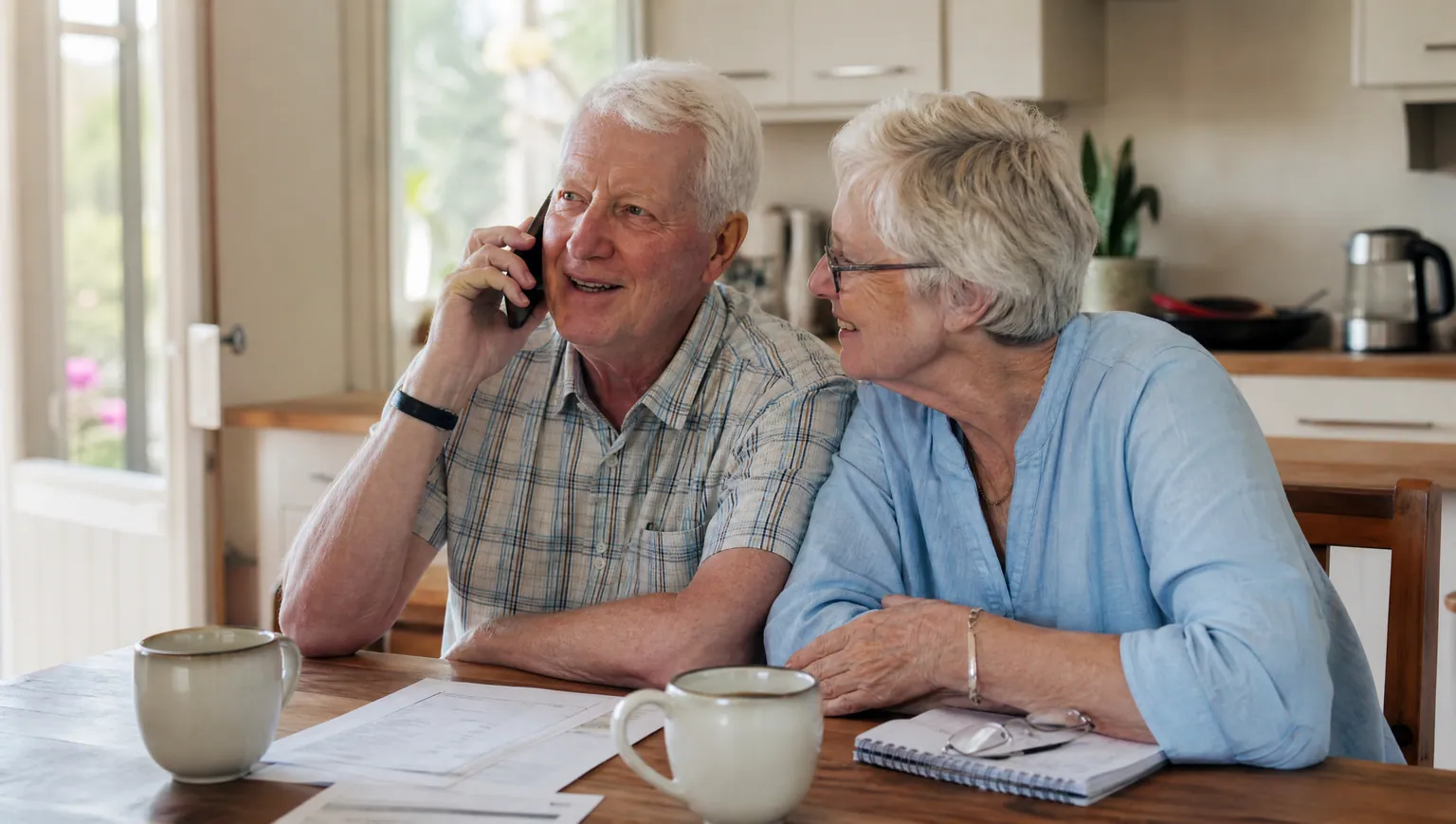 A happy senior couple at their kitchen table, the husband talking to their reverse mortgage broker on the phone while the wife listens in