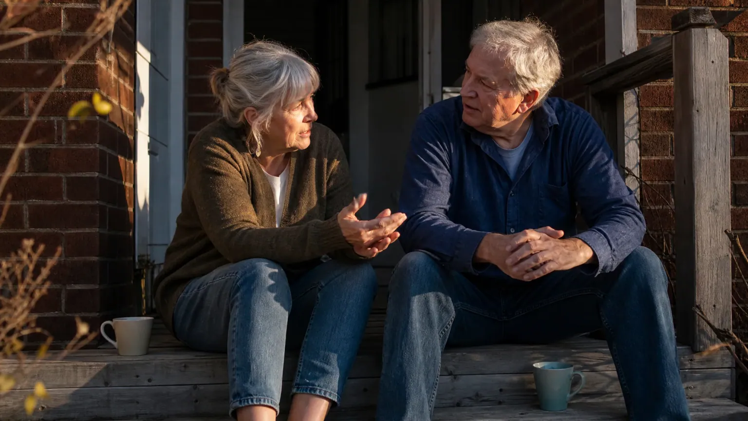 Two homeowners in their sixties talking on their front porch in late-afternoon light