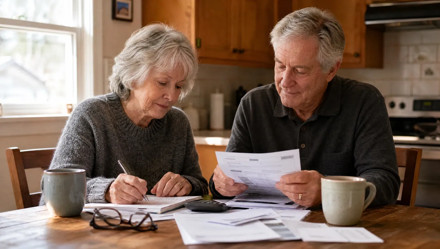 A senior couple at their kitchen table sorting paper credit card statements with a notepad and coffee