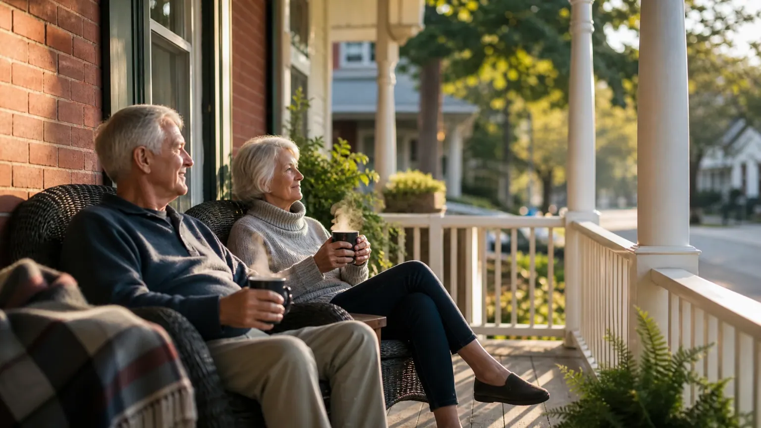 A retired couple having morning coffee on the covered porch of a red-brick Ontario home — Equitable Bank reverse mortgage review