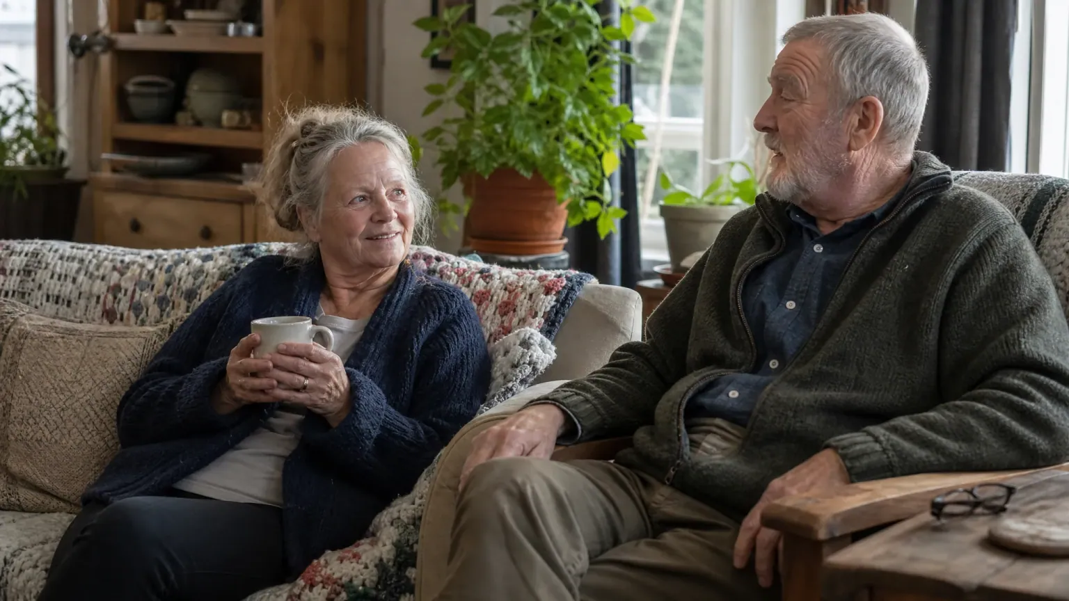An older couple relaxing at home in their living room with mugs of tea
