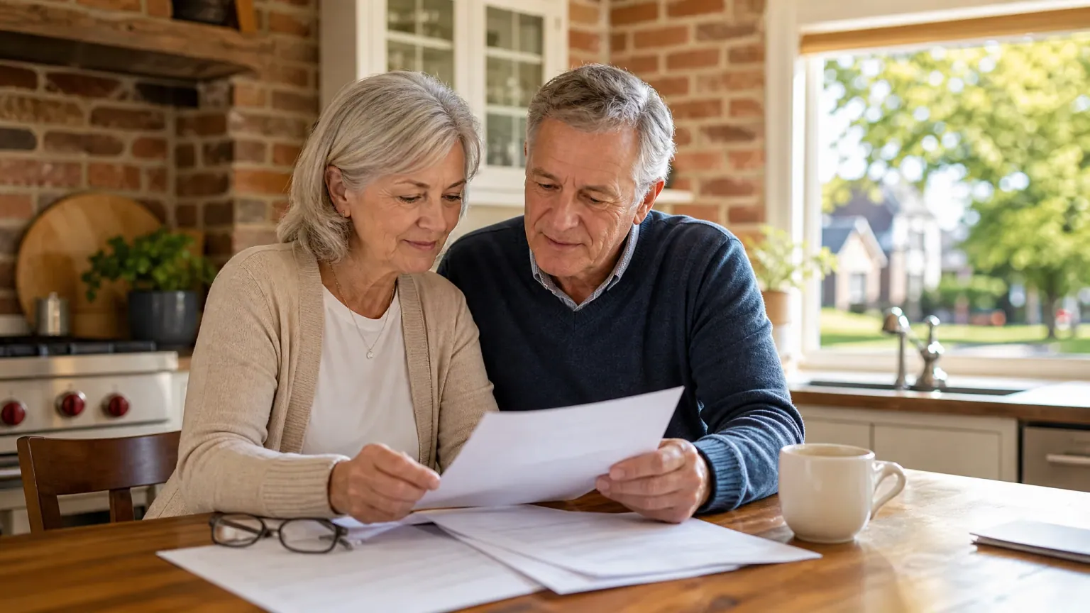 A retired couple going over mortgage paperwork at a sunlit kitchen table — how a reverse mortgage works in Canada