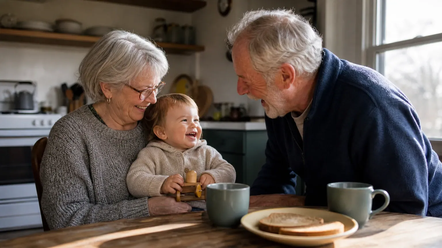 A laughing senior couple at their kitchen table with their toddler grandchild on grandma's lap — how a CHIP reverse mortgage works