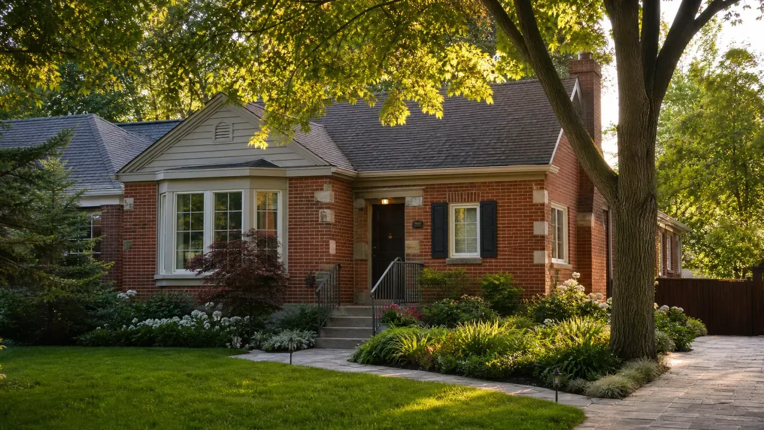 A warm, well-kept Ontario brick home in late-afternoon light — how much you can get from a reverse mortgage by age