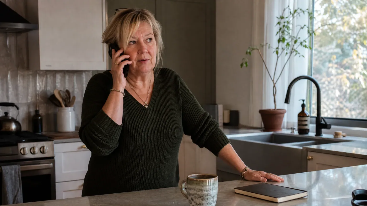Homeowner on the phone at her kitchen counter, discussing how to release equity from her home