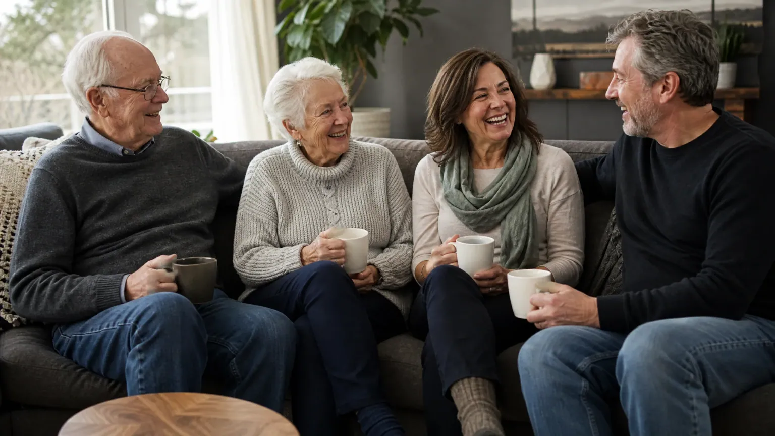 Adult children and their older parents sitting together in a bright living room, relaxed and at ease