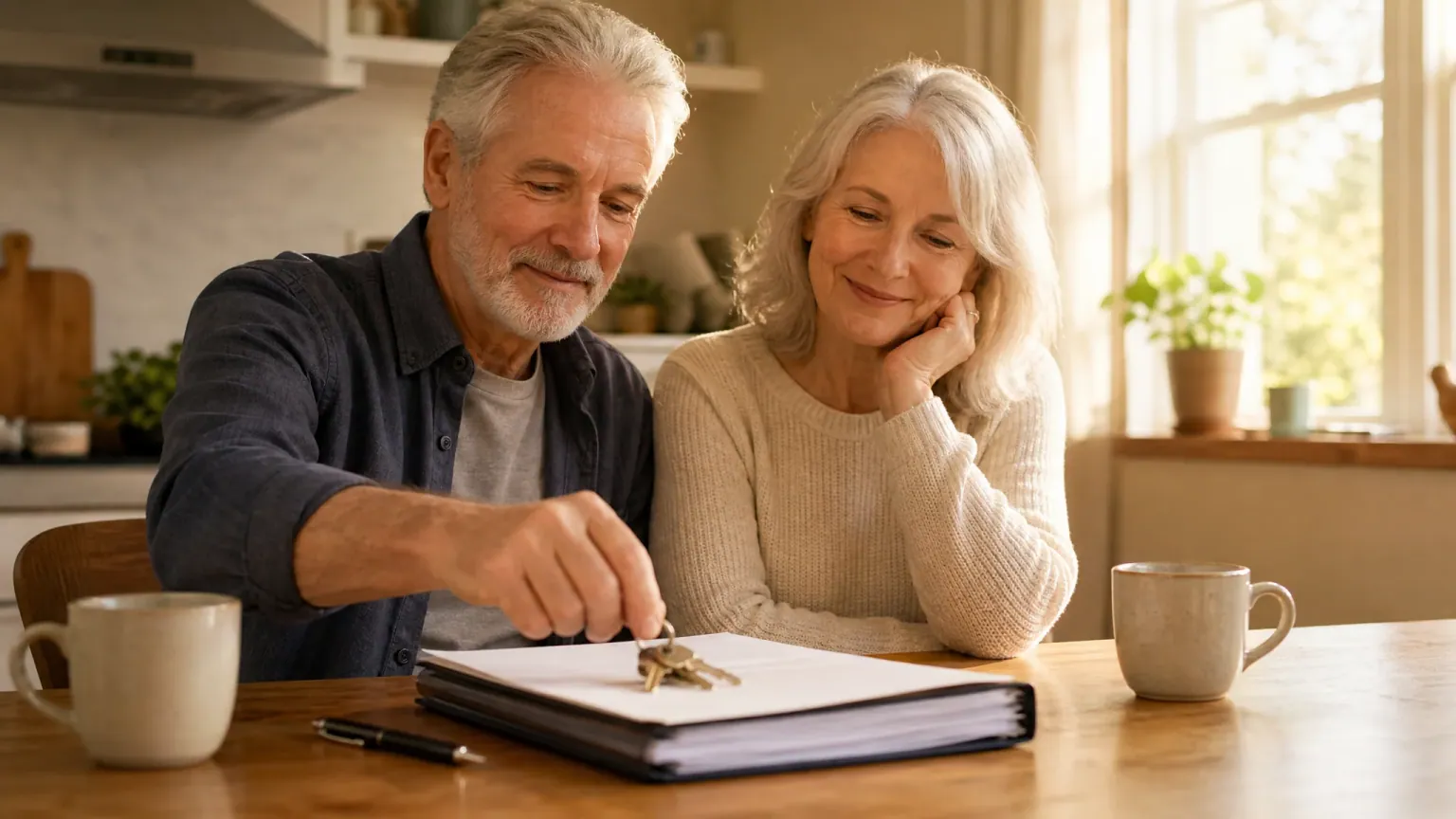 House keys resting on repaid mortgage papers on a kitchen table, an older couple's hands and morning coffee beside them