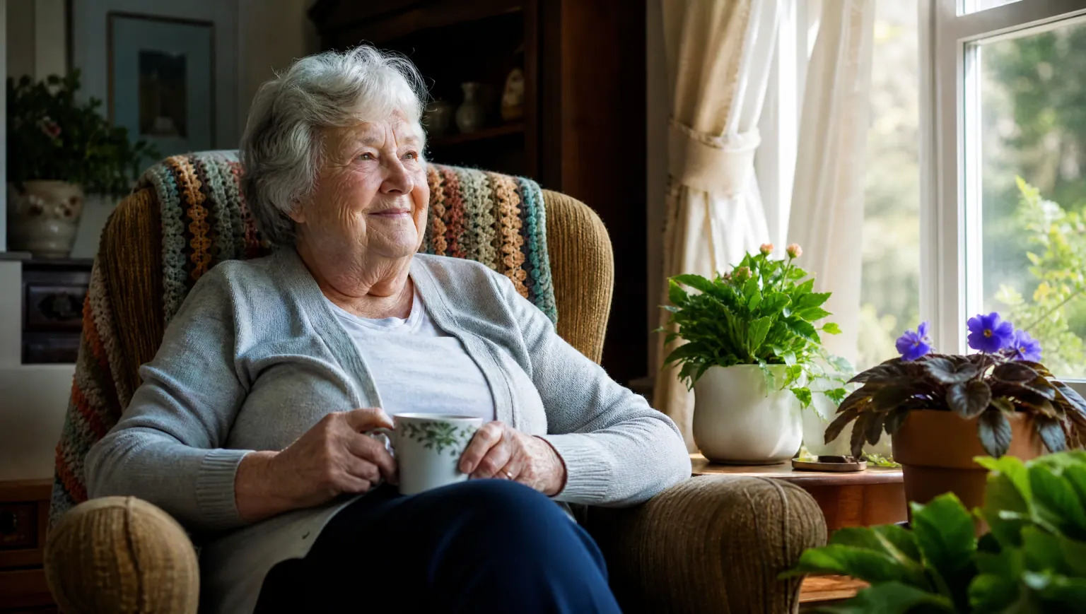 A senior homeowner at ease in her bright living room with a cup of tea, comfortable in the home she plans to stay in