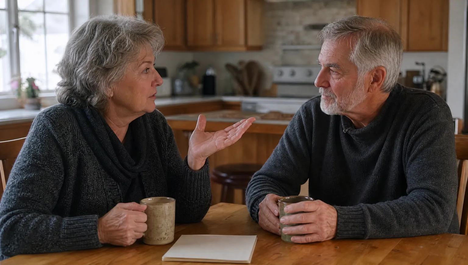 A couple in their sixties talk over coffee at their kitchen table