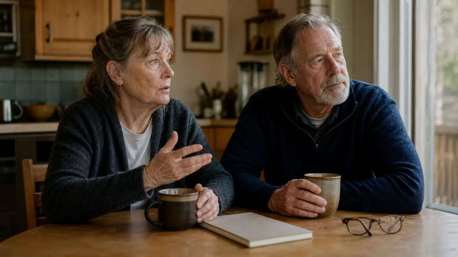 A couple in their late sixties talking through their options over coffee at their kitchen table