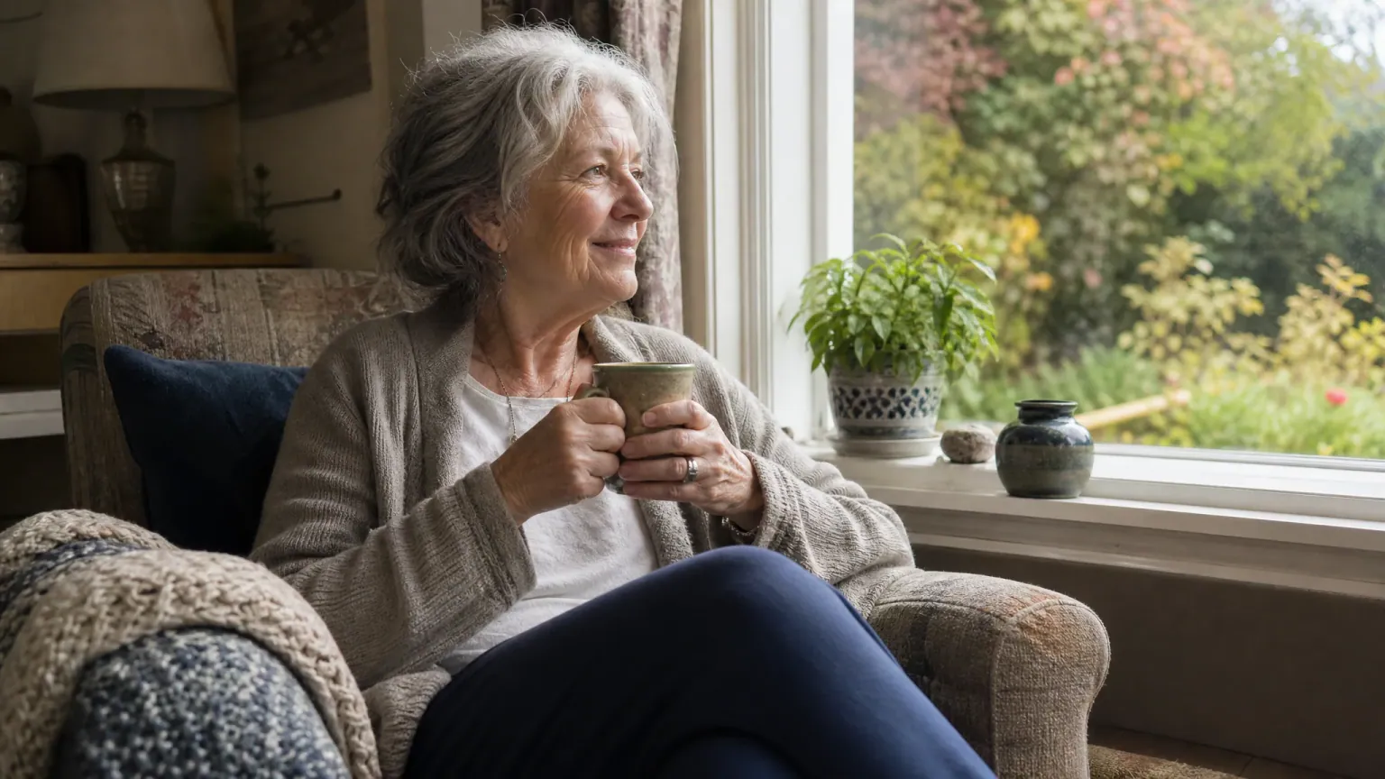 A relaxed senior homeowner settled in an armchair at home with a cup of tea, looking content