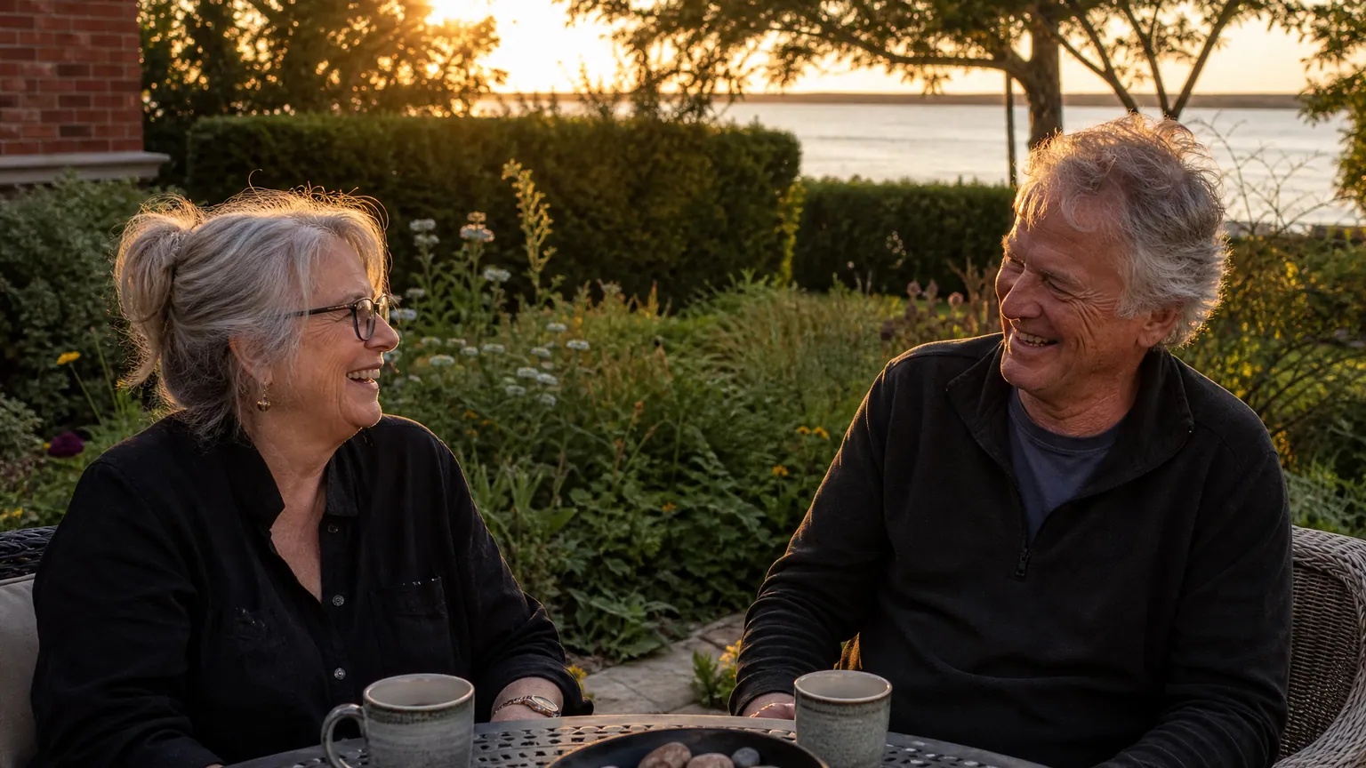 A Burlington couple in their seventies laughing together at their garden table at golden hour, the lake visible past the hedge
