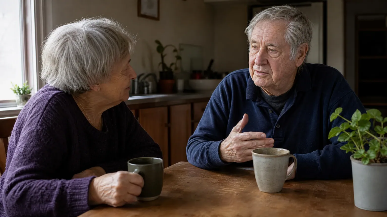 An older couple talking at a kitchen table in warm daylight — reverse mortgage complaints in Canada