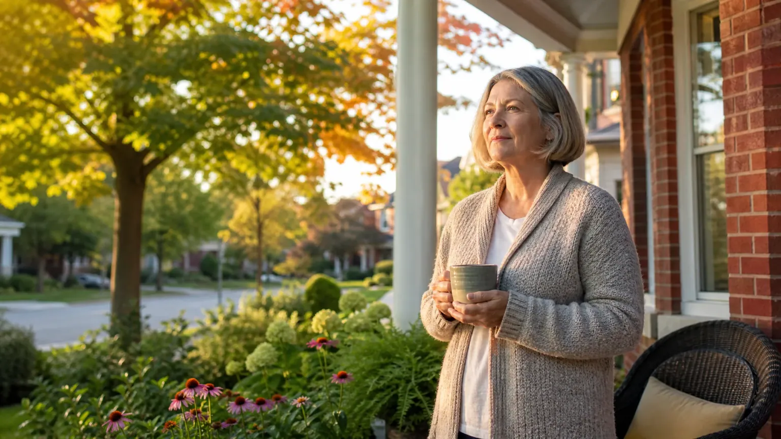 A woman in her sixties with a cup of tea on the front porch of the Ontario home she plans to keep
