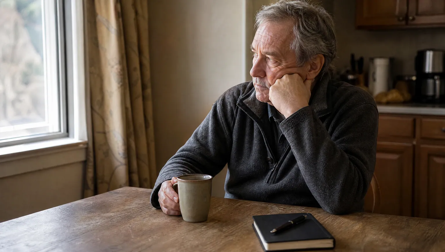 A homeowner sitting at a kitchen table with a coffee and a pen, thinking through the costs of a reverse mortgage