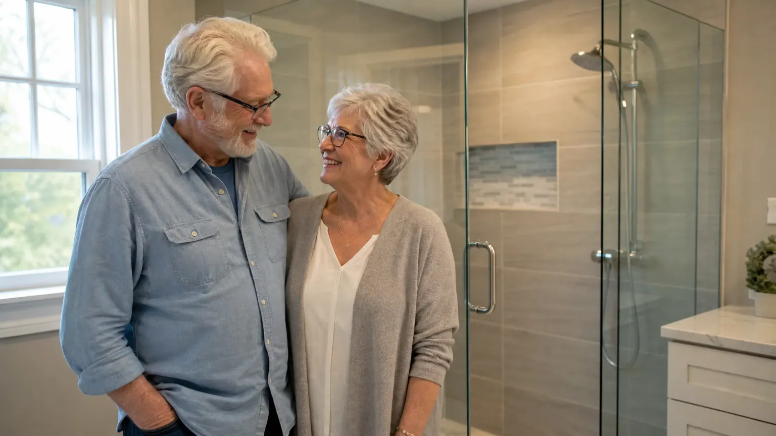 A happy Canadian couple admiring their newly renovated bathroom — using a reverse mortgage for home renovations