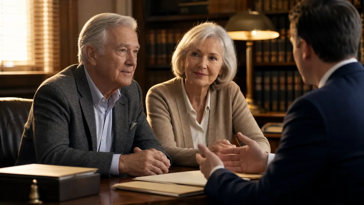 A senior couple meeting privately with their own lawyer about a reverse mortgage