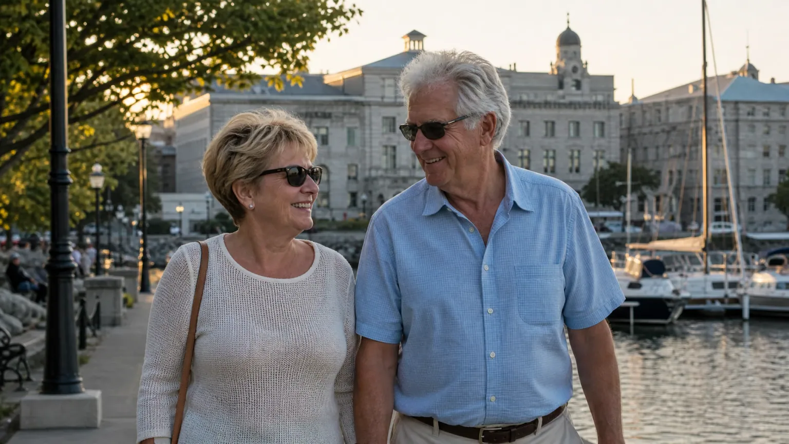 A couple in their late sixties walking along Kingston's waterfront at golden hour, historic limestone buildings behind them