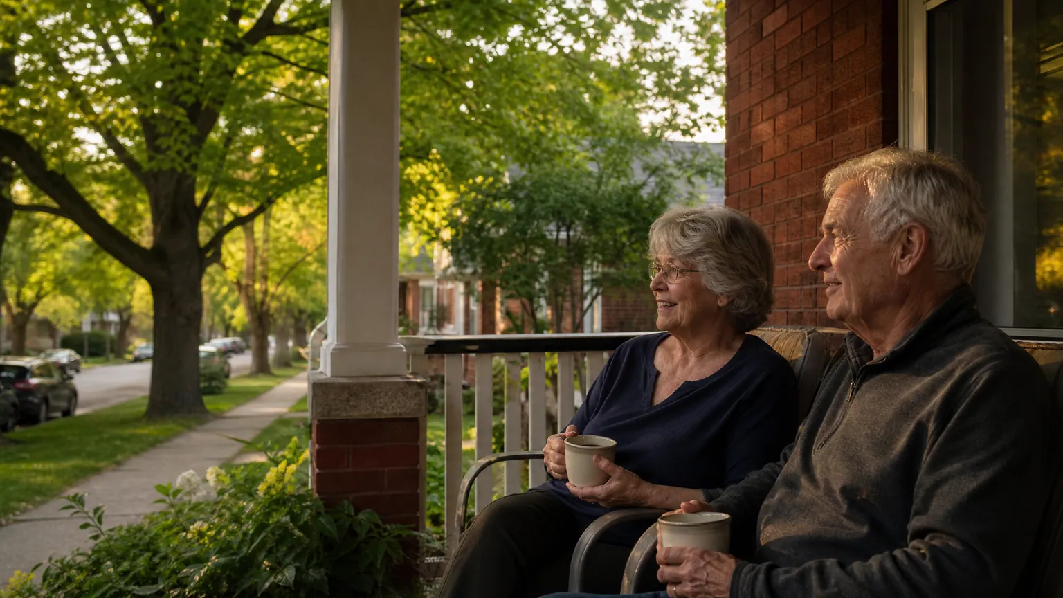 A retired couple having tea on the front porch of their red-brick London home on a leafy tree-lined street at golden hour