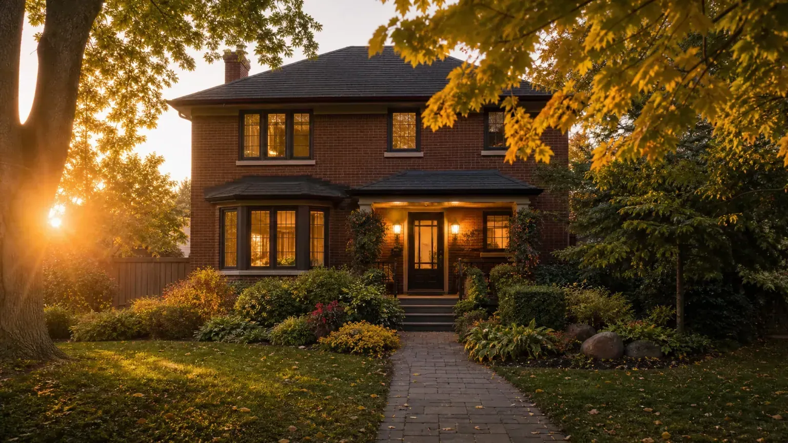 A warm, established Canadian family home at golden hour — reverse mortgage and long-term care