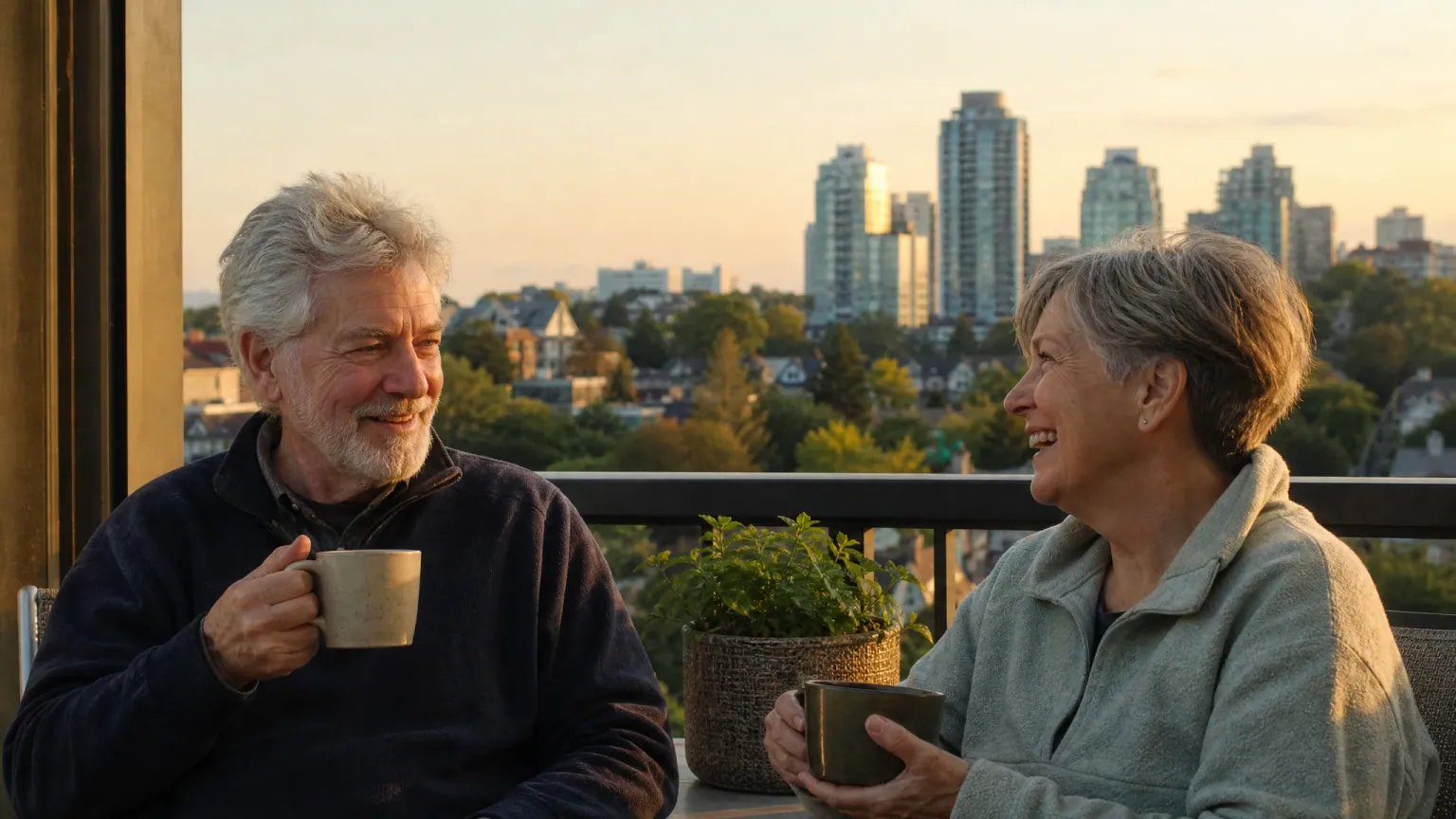 A Mississauga couple in their sixties relaxing on their condo balcony at golden hour, the city's towers soft in the distance