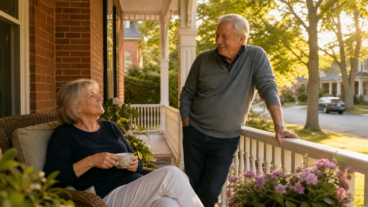 An Oakville couple in their sixties relaxing on the covered porch of their brick home at golden hour, mature maple trees lining the street