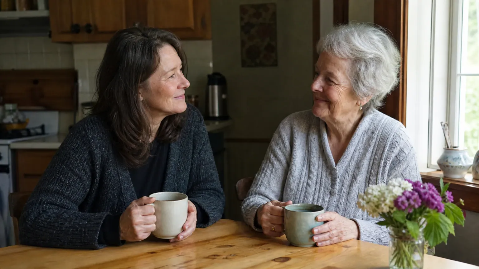 An adult daughter and her mother talking calmly together at a kitchen table