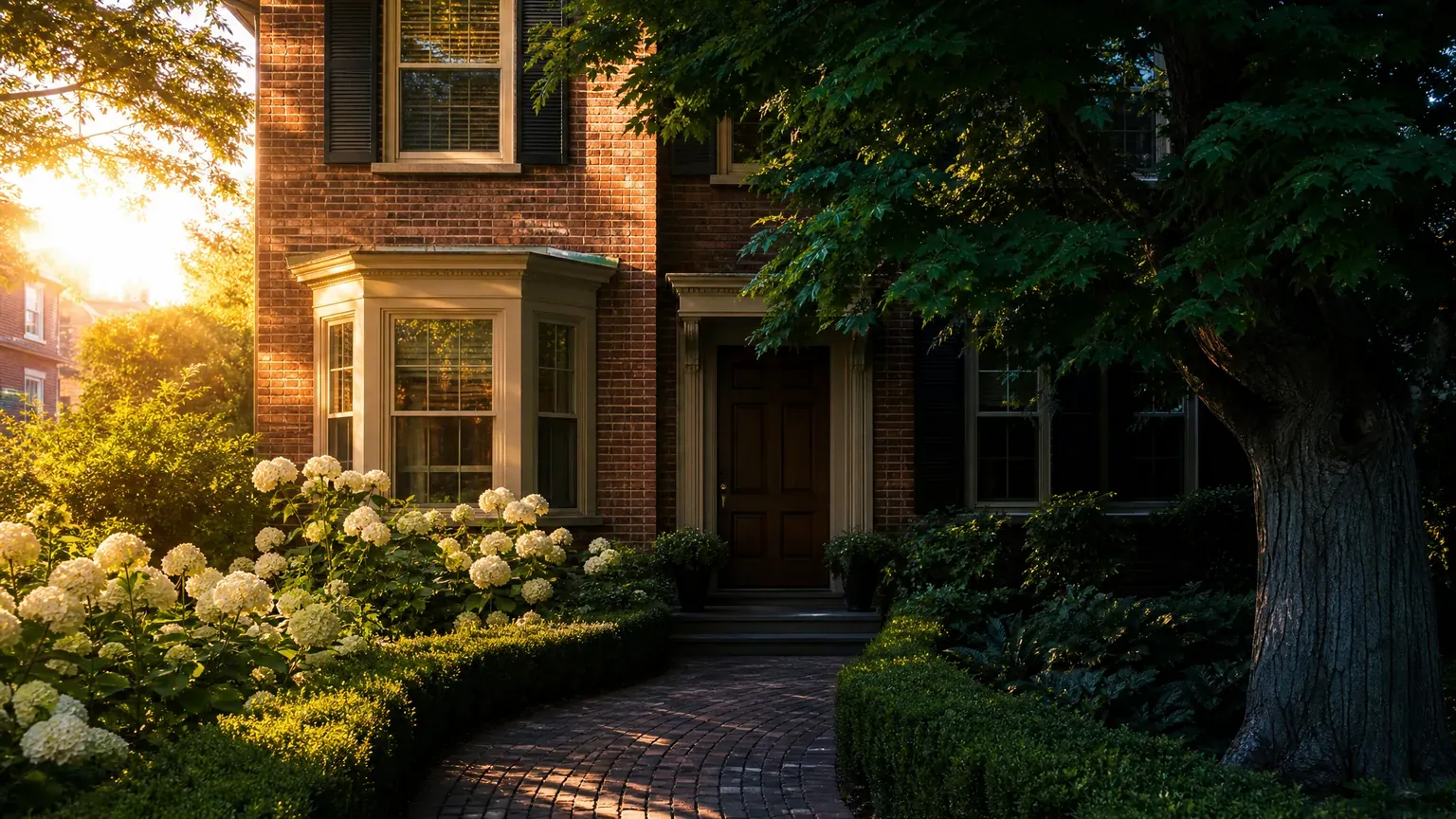 A Canadian red-brick home at golden hour, one side in warm sunlight and the other in cool shade — weighing reverse mortgage pros and cons