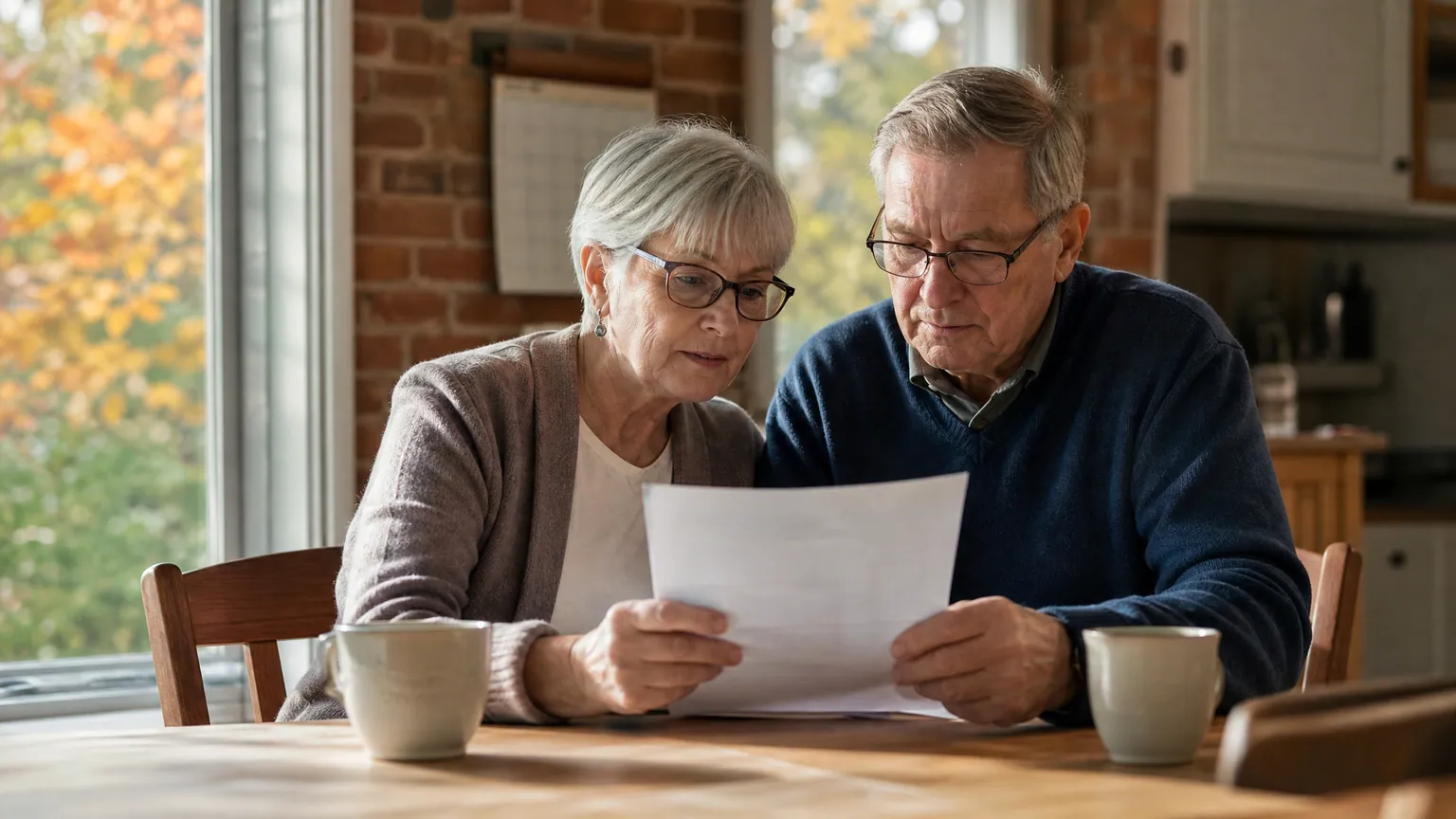 A retired Ontario couple at their kitchen table in early autumn light, reading a letter from their lender together