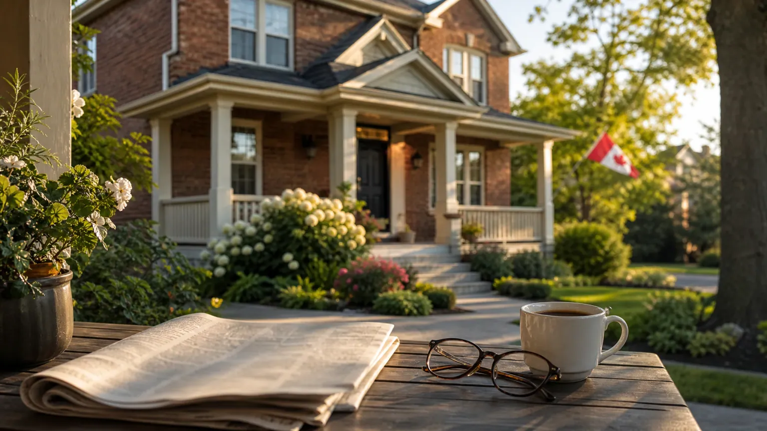Reverse mortgage rates in Canada — morning light on a Canadian brick home, reading glasses and the day's rate listings on the porch table