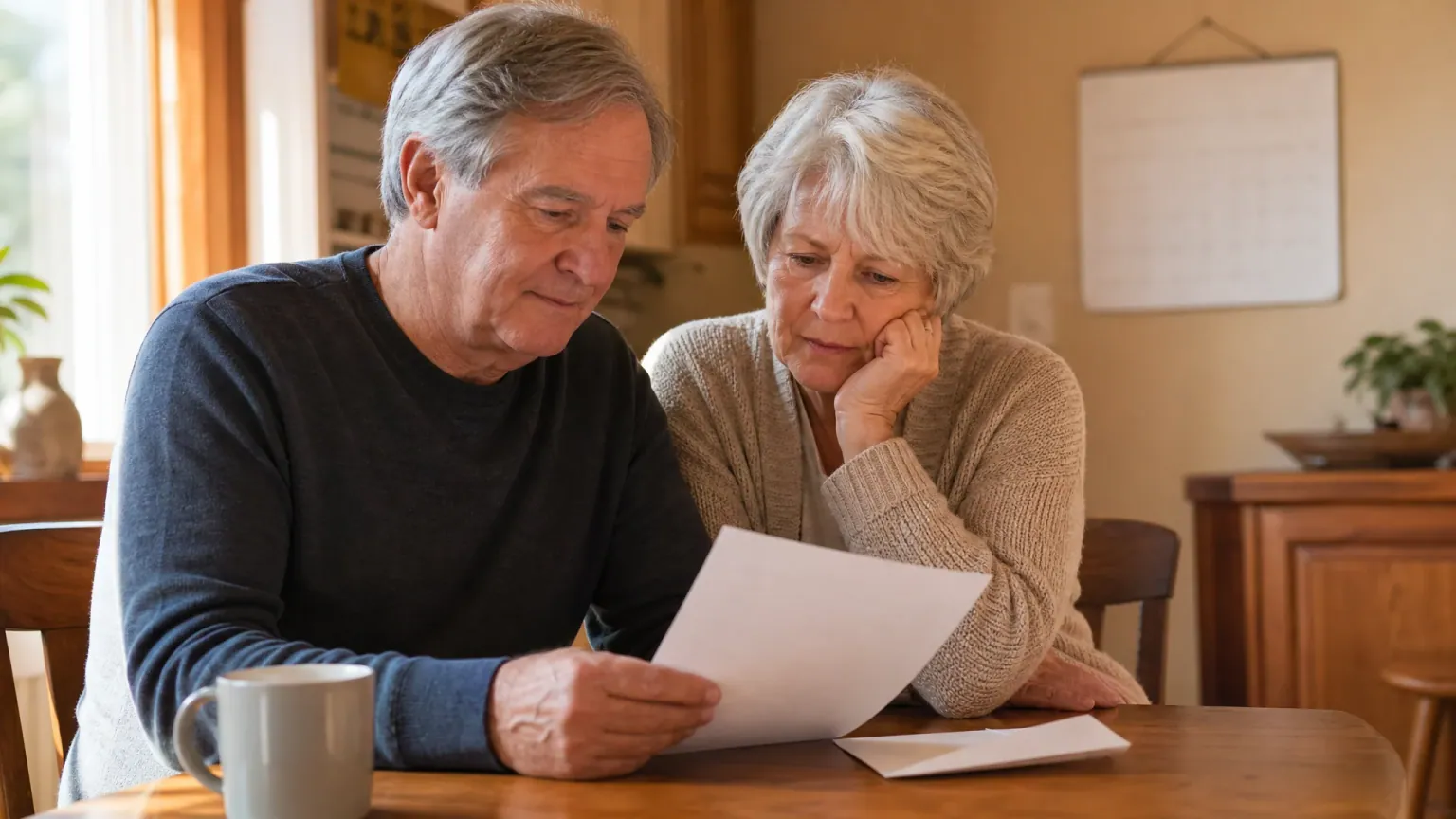 A reverse mortgage renewal letter on a kitchen table beside a wall calendar in warm morning light, an older couple reading it together