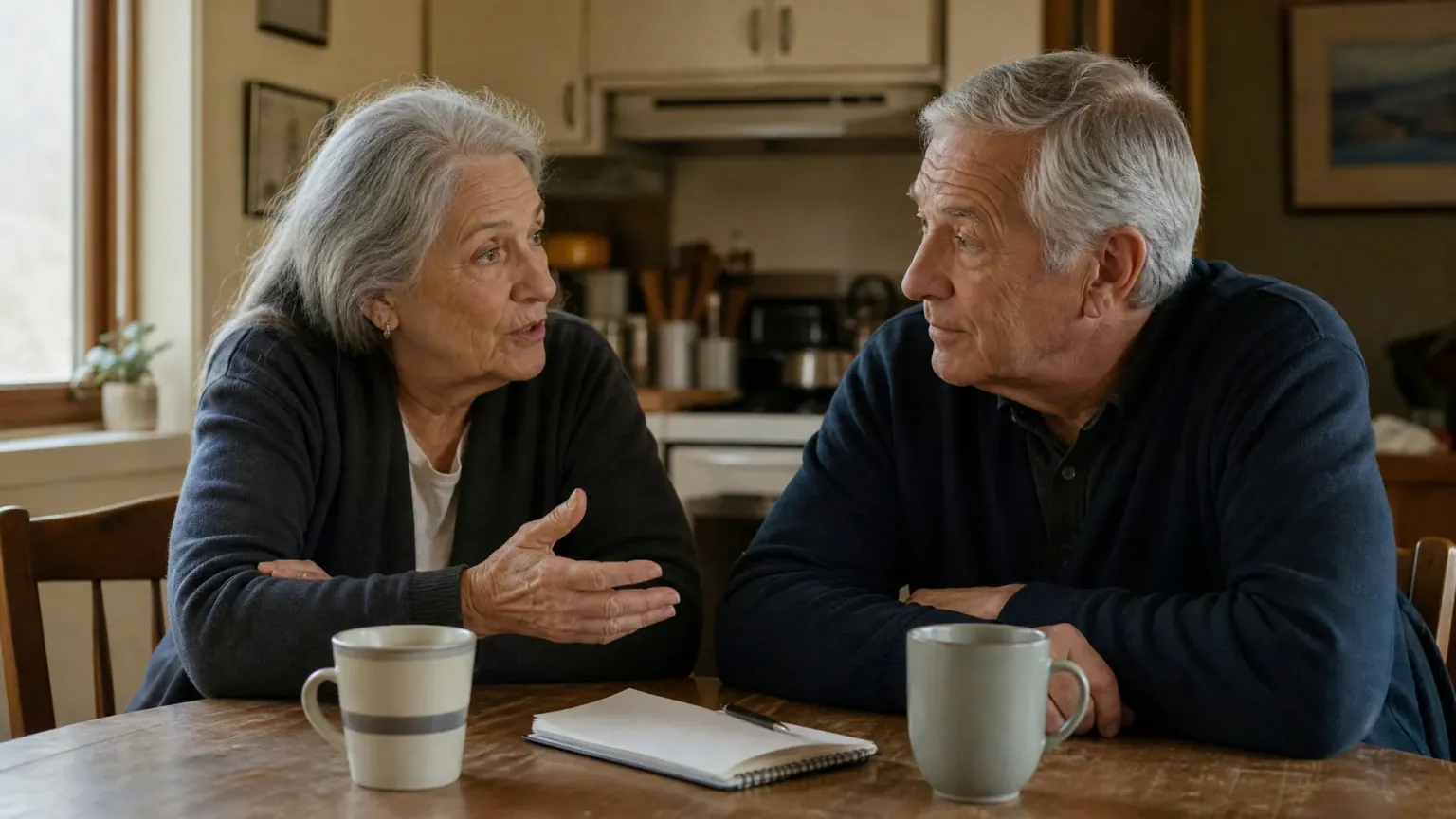 An older couple talking things over at their kitchen table