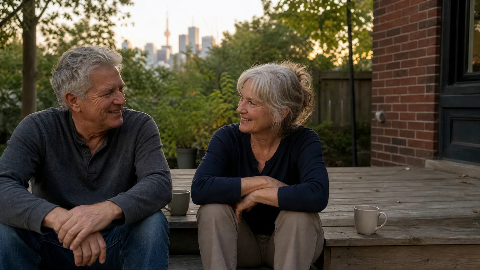 A Toronto couple in their sixties sitting on their back porch at sunset, the city skyline soft in the distance