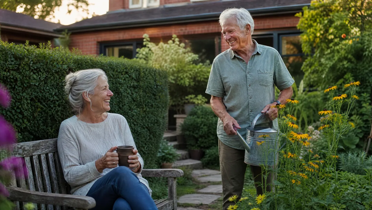 An older couple relaxing together in the garden of the home they plan to stay in