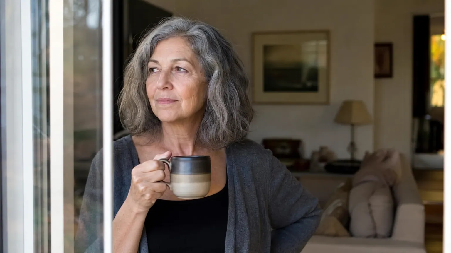 A woman in her sixties stands at her front window with a mug of coffee