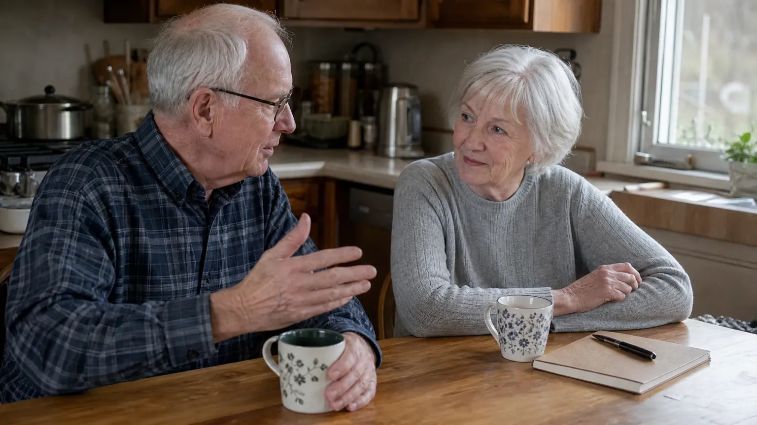 A senior couple talks over coffee at their kitchen table